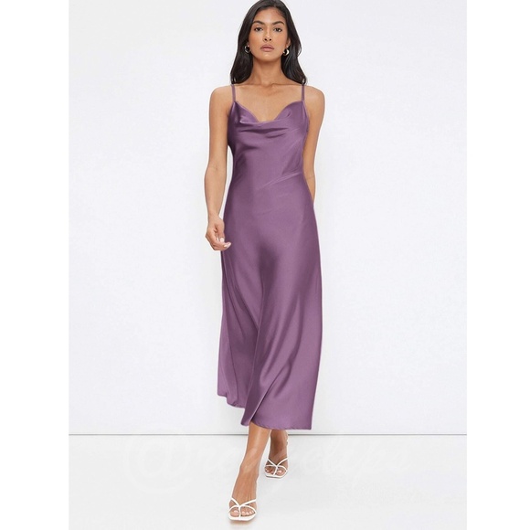 Purple Satin Cami Dress Midi Adjustable Spaghetti Straps - Picture 6 of 7